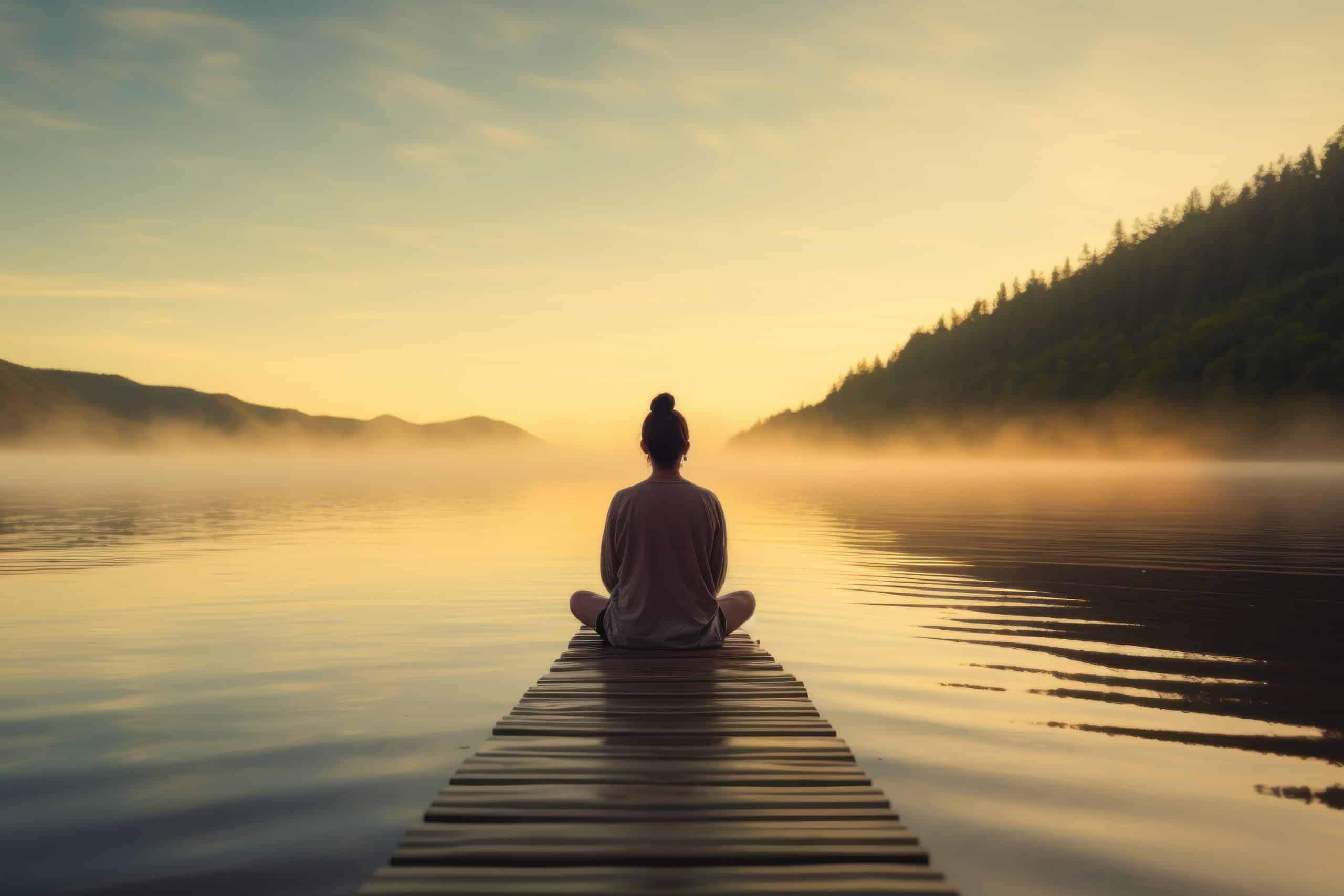 Young woman meditating on a wooden pier on the edge of a lake